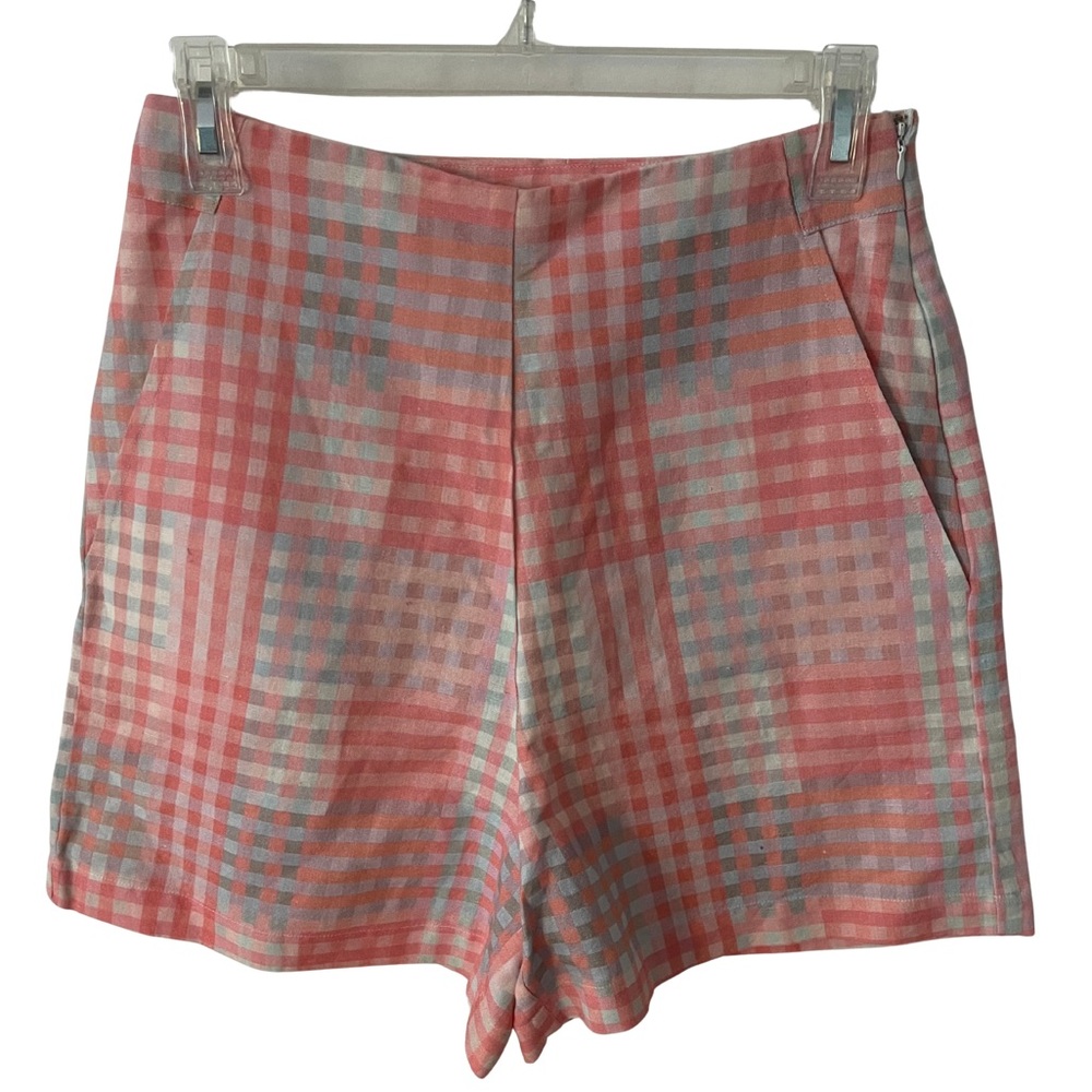 NEW Just Bellina Pink and Grey Plaid Shorts Cotton Linen Blend Size Small